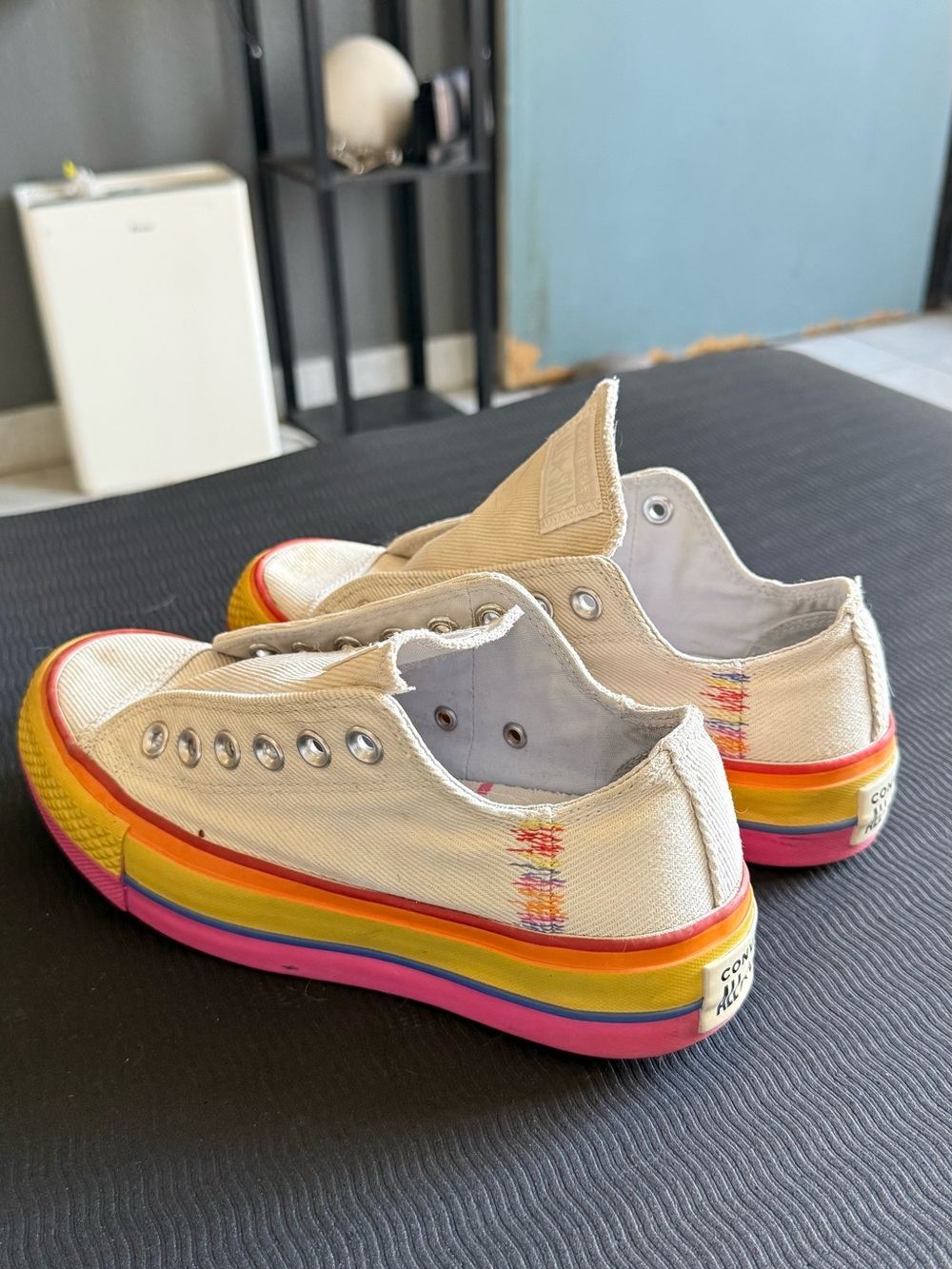 Converse Kids Low Top Sneakers in Cream with Rainbow Sole